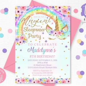 May include: A blue and white invitation with a rainbow and unicorn design. The text reads "Join us for a Magical Sleepover Party to celebrate Madelynne's 8th Birthday! Saturday September 21, 2020 2PM to 5PM at Madelynne's House 2233 Unicorn Parade, Rainbow Hills RSVP by September 15 to Cassandra 0400 000 000 Don't forget your pillow!"