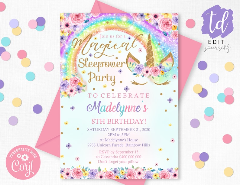 May include: A blue and white invitation with a rainbow and unicorn design. The text reads "Join us for a Magical Sleepover Party to celebrate Madelynne's 8th Birthday! Saturday September 21, 2020 2PM to 5PM at Madelynne's House 2233 Unicorn Parade, Rainbow Hills RSVP by September 15 to Cassandra 0400 000 000 Don't forget your pillow!"