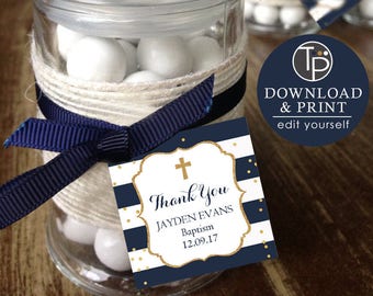 Navy Gold BAPTISM Favor Tag, Boy Baptism Gift Tags, Boy Baptism Favor Tag, Baptism Printable, Baptism Bonbonniere, Thank you Tag, Baptism