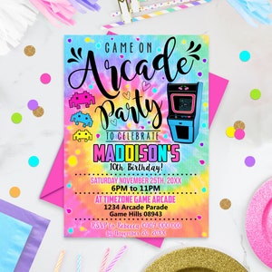 ARCADE INVITATION Invitation Editable Girl Arcade Party Birthday Invitation Girl Tie Dye Video Gaming Arcade Birthday Party Gaming Party