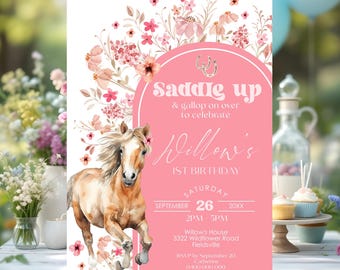 Horse Birthday Invitation: Pink Wildflower Cowgirl Party (Digital Download)