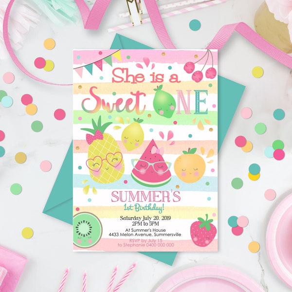 SWEET ONE INVITATION Summer 1st Birthday Invitation Fruit Birthday invitation Sweet One Invitation Girl 1st Birthday Invitation Editable