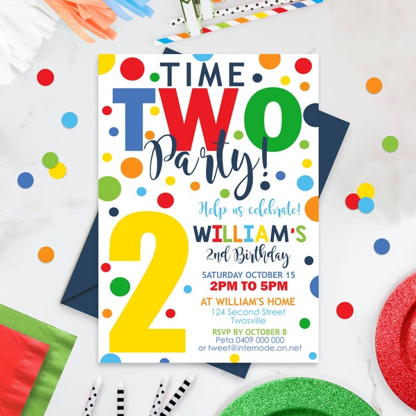 Time TWO Party Birthday Invitation Editable Confetti 2nd Birthday Invite Download Boy 2nd Birthday Invitation Digital primary colors 0224