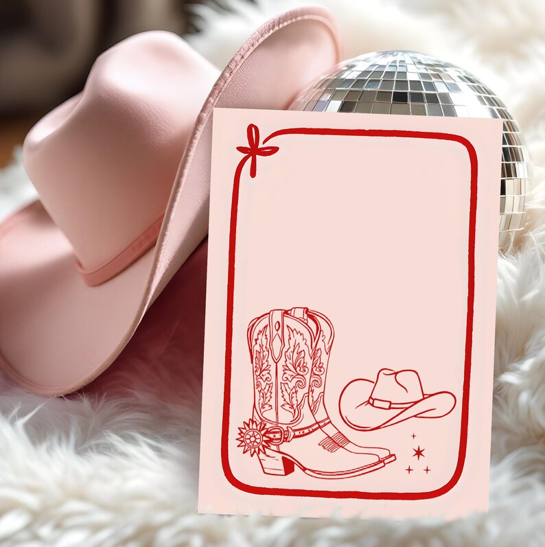 May include: A pink cowboy hat and a card with a red border. The card features a red illustration of a cowboy boot, a cowboy hat, and stars. A disco ball is in the background.