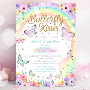 BUTTERFLY Baby Shower Invitation Editable Butterfly kisses Baby Shower Invitation Rainbow Butterfly Baby Shower Invitation Spring Baby Girl