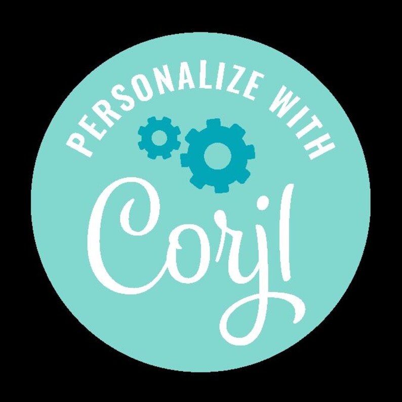 Puede incluir: Un c&iacute;rculo azul turquesa con el texto "Personalizar con Corjl" en blanco. Dos engranajes azul turquesa est&aacute;n en el centro superior del c&iacute;rculo.