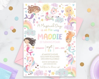 RAINBOW UNICORN MERMAID Invitation Editable Rainbow Mermaid Unicorn Invitations Rainbow Unicorn and Mermaid Invitation Instant Download