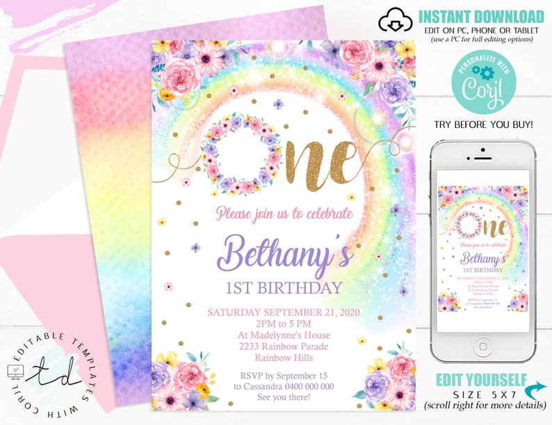 RAINBOW 1st Birthday Party Invitation Editable Rainbow - Etsy