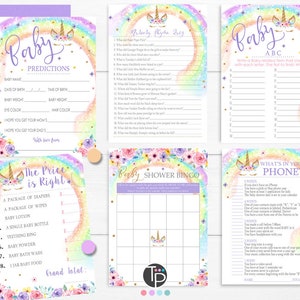 Rainbow Unicorn BABY SHOWER Games Instant download Baby Shower Games Unicorn Baby Shower Games Girl Baby Shower Games Printable Games 0210