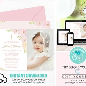 Girl Photo Baptism Invitation Instant Download Baptism Invitation Editable Baptism Girl Photo Christening invitation Rose Baptism Corjl 0201 image 2