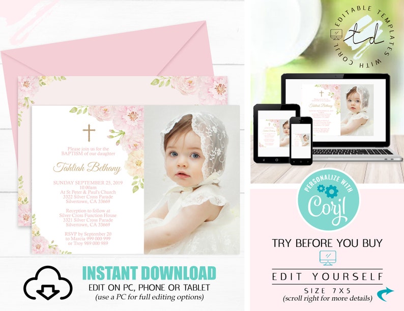 Girl Photo Baptism Invitation Instant Download Baptism Invitation Editable Baptism Girl Photo Christening invitation Rose Baptism Corjl 0201 image 2