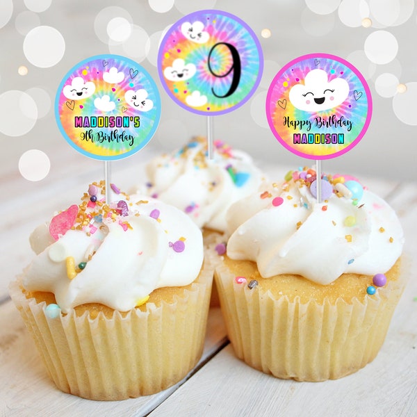 CLOUD 9 Cupcake Toppers Instant download Cloud 9 Cupcake Toppers Editable Rainbow Cloud 9 Cupcake Toppers Printable Rainbow Tie Dye Cupcake