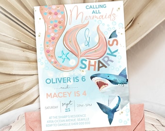 May include: A blue and white invitation with a mermaid and shark illustration. The text reads "Calling all Mermaids & Sharks Oliver is 6 and Macey is 4 Saturday Sept 25 2PM-5PM At the Sharp's Residence 4356 Ocean Avenue Seaville RSVP to Danielle 0409 000 000"