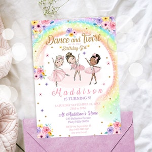 BALLERINA Birthday Invitation Editable Rainbow Balllerina Invitation Digital Ballerina Invitation Dance Twirl with the Birthday Girl Tutu