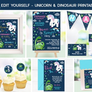 UNICORN DINOSAUR Party Package Printable Dinosaur Unicorn decorations Joint Birthday Party Editable Siblings Unicorn Dinosaur Party Corjl