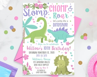 DINOSAUR PARTY INVITATION Dinosaur Birthday Invitation Girl Dinosaur Party Dinosaur Party Invitation Party like a Dinosaur Invitation Girl