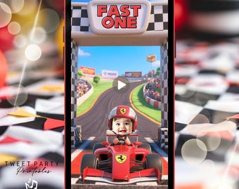 May include: A smartphone displays a racing-themed animated photo invitation. The image shows a baby in a red race car on a track, with the text "FAST ONE" above. The invitation includes music and is from Tweet Party Printables.
