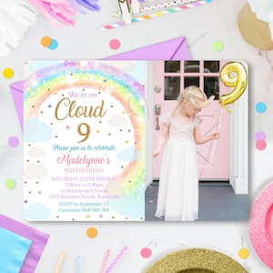 RAINBOW CLOUD 9 INVITATION Editable Rainbow Clouds 9th Birthday Invitation Corjl We&#39;re on Cloud 9 Invitations Rainbow Cloud 9 Photo Card