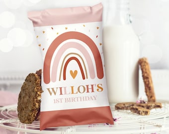 May include: Pink and brown rainbow design on a treat bag with the text "WILLOH'S 1ST BIRTHDAY".