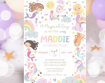 May include: A colorful invitation for a birthday party with a mermaid and unicorn theme. The invitation features a rainbow, clouds, stars, and hearts. The text on the invitation reads "A Magical Day is on the way Maddie is turning four! Saturday Sept 25 2PM - 5PM At Maddie's House 6222 Fairy Boulevard Unicorn Hills 08622 RSVP by September 20 Jade 0409 000 000 feel free to dress up!"