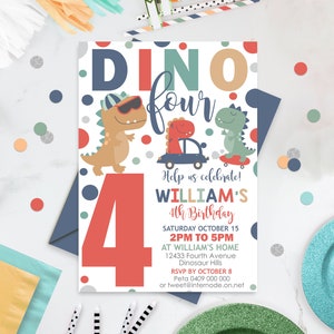 DINOSAUR FOUR INVITATION Dino Four Birthday Invitation Trex Dinosaur Party Dinosaur 4th Birthday Invitation Party like a Dinosaur Party Boy