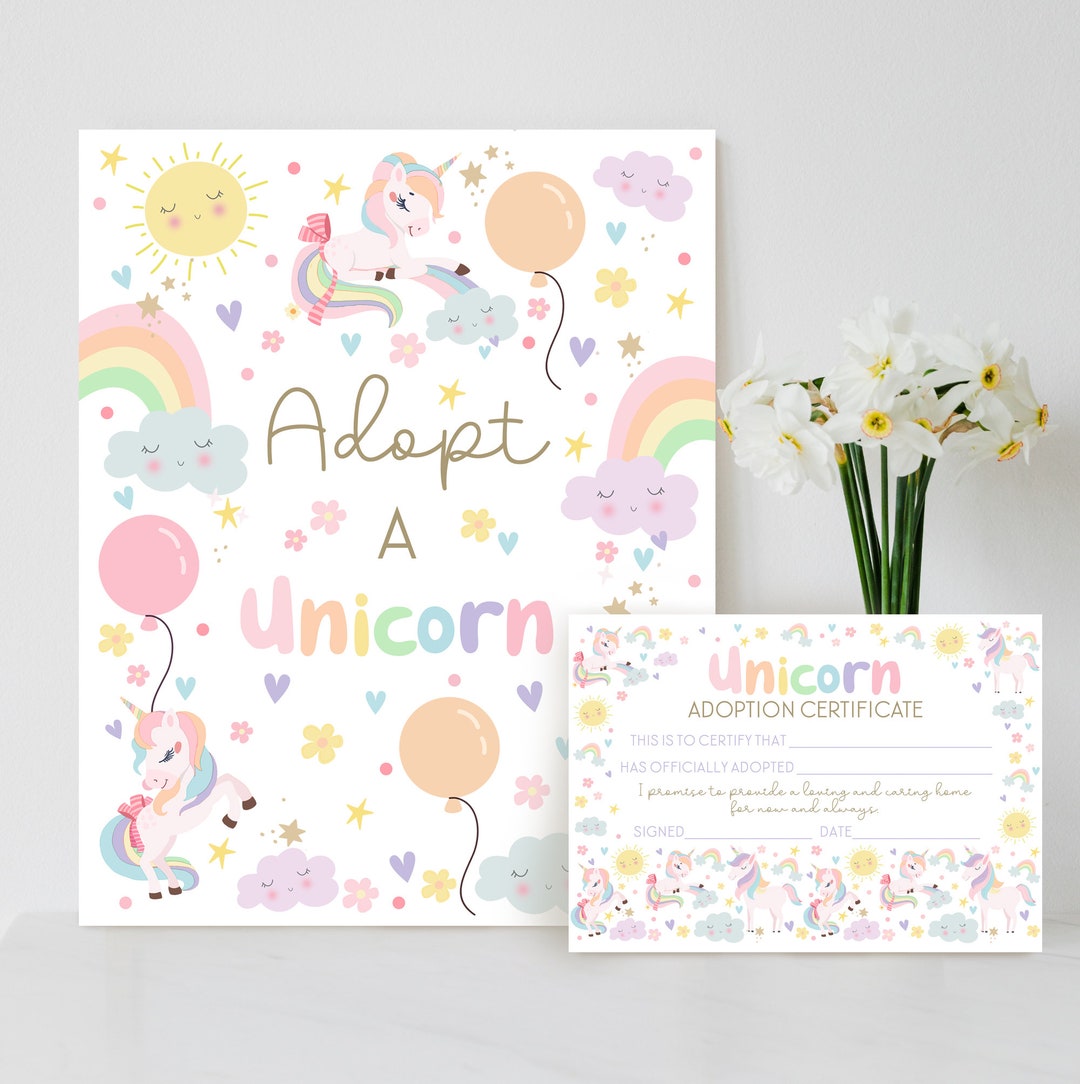 ADOPT A UNICORN Certificate Printable Unicorn Party Game Rainbow ...