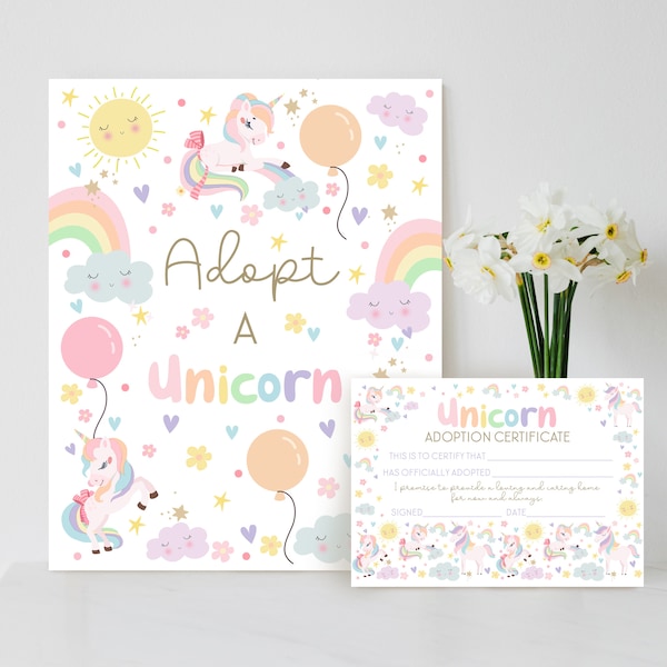 ADOPT A UNICORN Certificate Printable Unicorn Party Game Rainbow Unicorn Game Adopt a Unicorn Rainbow Adopt a Unicorn Certificate Sign U1