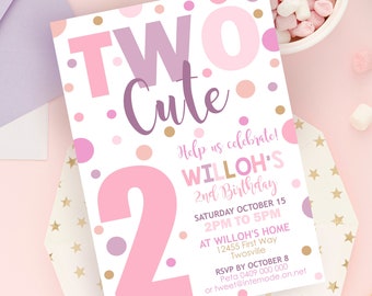 Girl Two Birthday Invitation: Pink Confetti Spots 2 Evite (Digital Download)