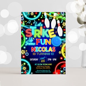 BOWLING BIRTHDAY INVITATION Boy Bowling Party Glow Invitation Neon Glow Bowling Invitation Corjl Invitation Neon Glow Invitation Corjl Glow