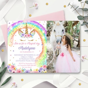 Rainbow Unicorn Photo Birthday Invitation: Editable Template (Digital Download)