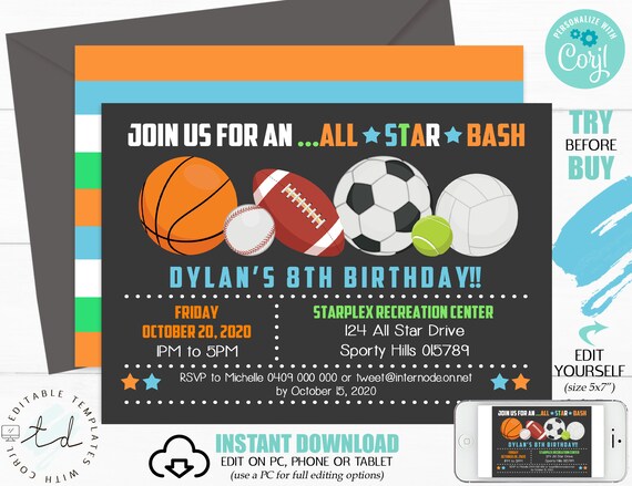 All Star Sports Invitation Instant Download Invitation Sport Etsy