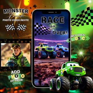 Puede incluir: Una invitación digital con temática de monster trucks. El diseño presenta un smartphone que muestra una escena de carreras con monster trucks, banderas a cuadros y el texto "RACE on OVER!". Incluye una foto de un niño y el texto "ADD PHOTO OF YOUR CHILD".