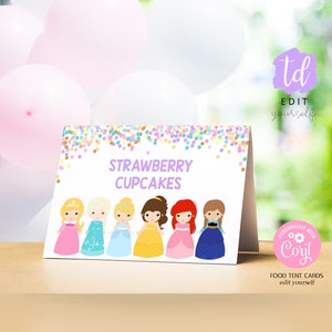 PRINCESS FOOD TENT Cards Instant download Princess Food Labels Editable Princess Food Tent Cards Corjl Instant Download Princess Buffet