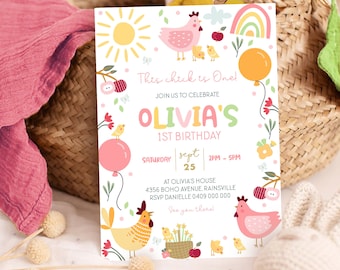 Chicken Birthday Invitation Editable Little Chick Party Invitation Printable This Chick is One Birthday Invitation Girl Digital Barnyard