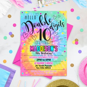 TIE DYE 10th Birthday Invitation Instant Download Tenth Girl Birthday Invitation Editable Double Digits Girl Party Invitation 10th Birthday