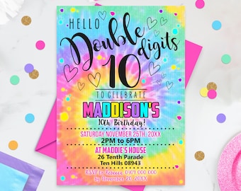 TIE DYE 10th Birthday Invitation Instant Download Tenth Girl Birthday Invitation Editable Double Digits Girl Party Invitation 10th Birthday