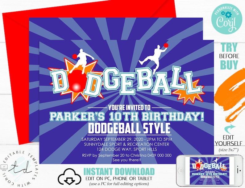 DODGEBALL INVITATION Instant Download Corjl Dodgeball Party Dodgeball Printable Dodgeball BIRTHDAY Invitation Kickball invitation Editable image 3