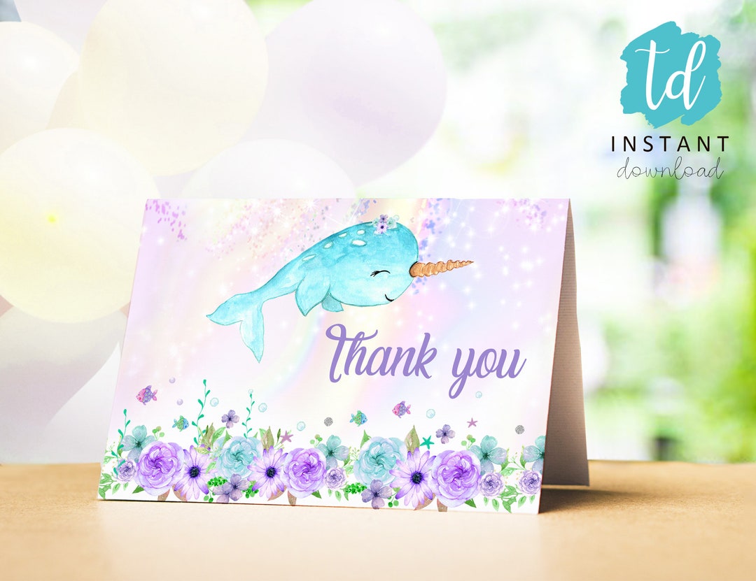 NARWHAL THANK YOU Card Narwhal Folding Thank You Card Girl Narwhal ...