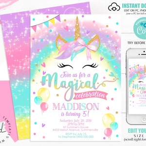 May include: Editable unicorn birthday party invitation with a rainbow background and the text "Join us for a Magical celebration Maddison is turning 5!"  The invitation includes the date, time, location, and RSVP information.