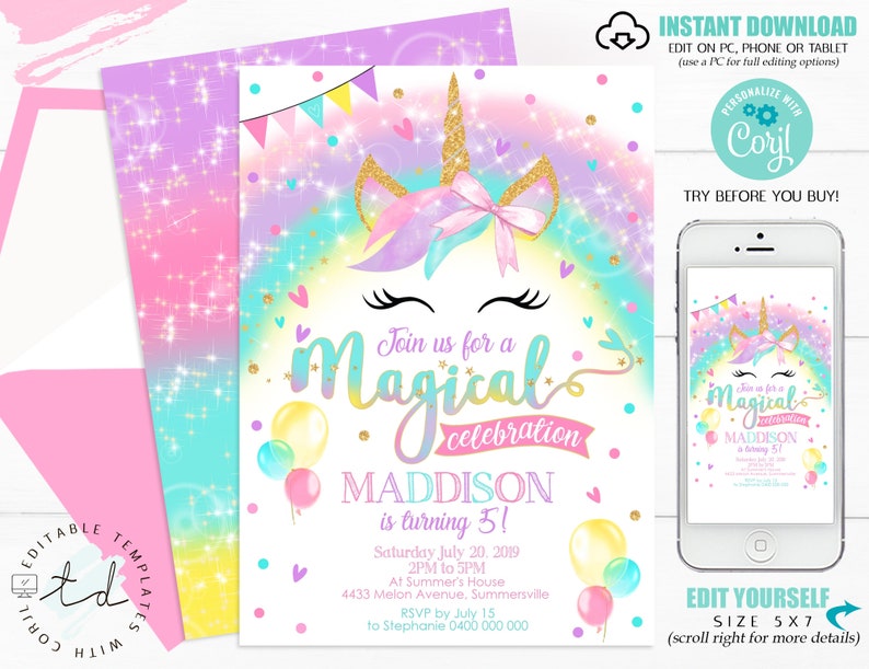 May include: Editable unicorn birthday party invitation with a rainbow background and the text "Join us for a Magical celebration Maddison is turning 5!"  The invitation includes the date, time, location, and RSVP information.