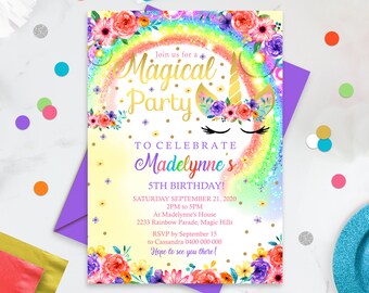 RAINBOW UNICORN Party Invitation Editable Corjl Rainbow Unicorn Invitation Instant Download Bright Unicorn Rainbow Birthday Invitation 0261