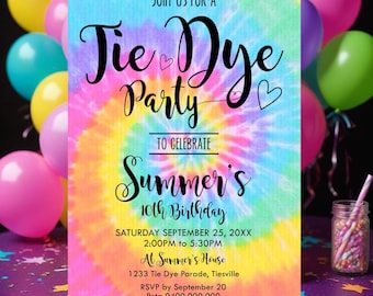 Tie Dye Party Invitation: Rainbow Birthday Evite, Editable T-shirt Craft Invite (Digital Download)