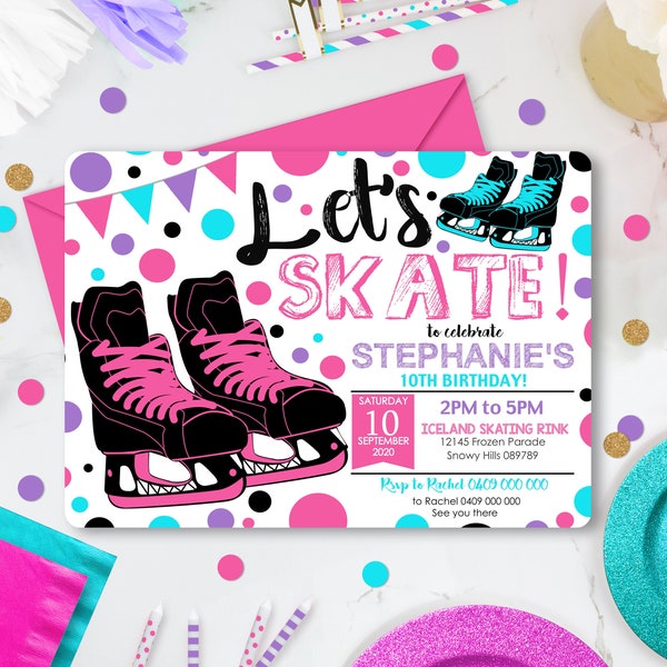 ICE SKATING INVITATION Girl Ice Skating Party Invitation Ice Skate invitation Disco Ice Skating Party Pink Blue Ice Skate Invite Corjl Invit