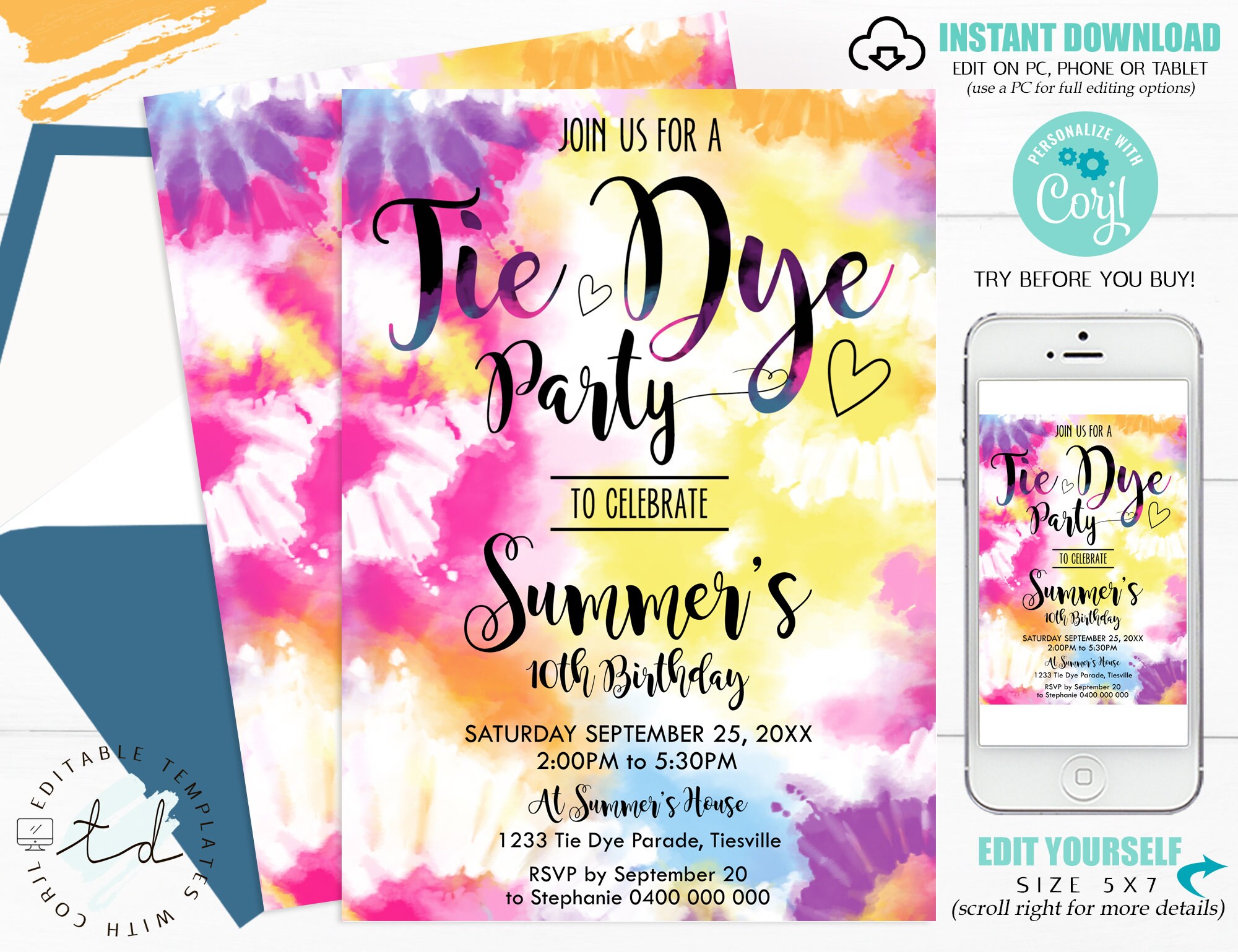 TIE DYE PARTY Invitation Instant Download Tie Dye Birthday Etsy