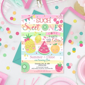 Twins SWEET ONE INVITATION Summer 1st Birthday Invitation Fruit Birthday Sweet One Invitation Girl Twins 1st Birthday Invitation Editable