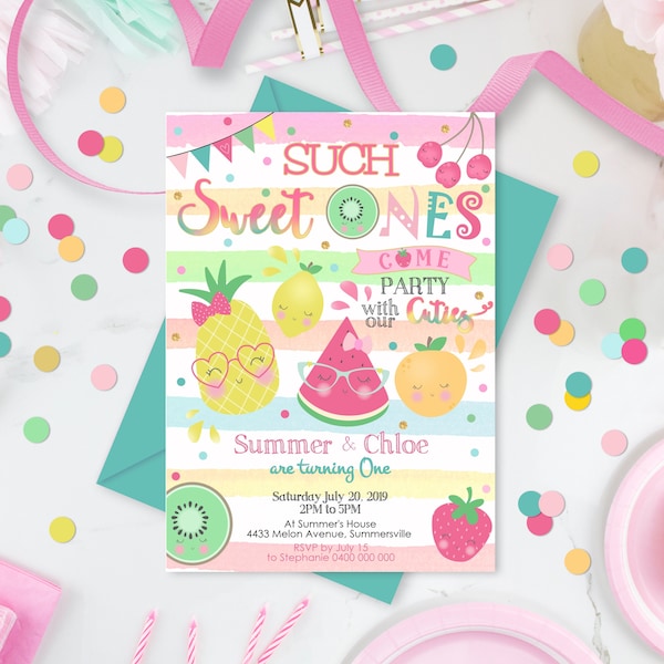 Twins SWEET ONE INVITATION Summer 1st Birthday Invitation Fruit Birthday Sweet One Invitation Girl Twins 1st Birthday Invitation Editable