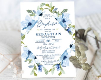 BAPTISM INVITATION Blue Floral Baptism Invitation Floral Baptism Invitation Instant Download Boy Baptism Invitation Editable Baptism 0239