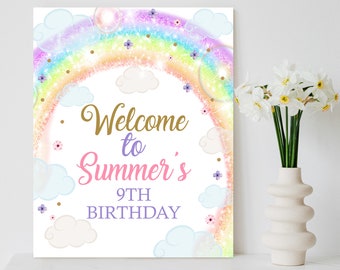Rainbow Cloud Birthday Welcome Sign: Editable Party Poster (Digital Download)