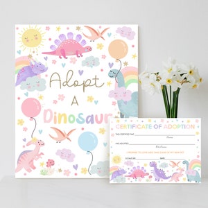 ADOPTEER EEN DINOSAURUS-certificaat Afdrukbaar meisje Dinosaurusfeestspel Regenboogdinosaurusspel Adopteer een eenhoorn Regenboog Adopteer een eenhoorncertificaat