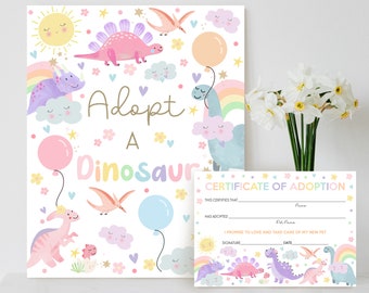 ADOPT A DINOSAUR Certificate Printable Girl Dinosaur Party Game Rainbow Dinosaur Game Adopt a Unicorn Rainbow Adopt a Unicorn Certificate